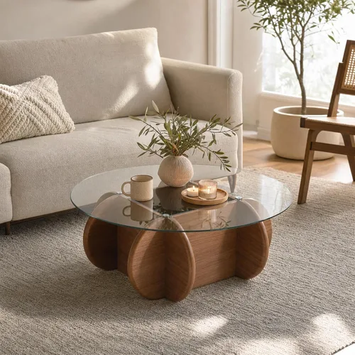 Miniatura 7 de Mesa de Centro con Tapa de Vidrio Negro, Mesa de Centro Redonda Moderna y Elegante con Patas de Madera Maciza y Superficie de Vidrio Templado