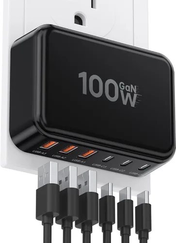 Bloque de Carga Rápida, Cubo de Estación de Carga GaN de 6 Puertos USB C, Cargador de Pared de 100W de Tipo C de Múltiples Puertos con Enchufe de