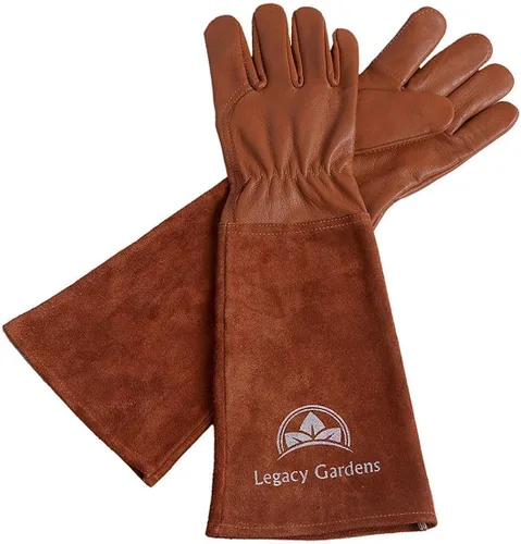 Miniatura 10 de Guantes de jardinería de cuero para mujeres y hombres, guantes largos de jardín, guanteletes de cuero de vaca para poda de rosas resistentes a Marrón