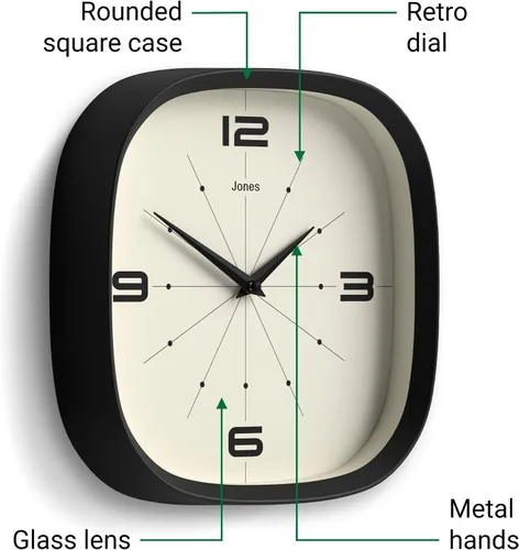 Miniatura 6 de JONES CLOCKS® Pulsar - Reloj de pared Reloj retro cuadrado redondeado 10 pulgadas Negro Aspecto de diseñador genial para cocina, sala