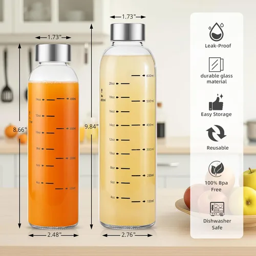 Miniatura 4 de Botellas de vidrio para jugo con tapas, botellas de agua de vidrio reutilizables de 25 onzas con tapas de acero inoxidable, paquete de 6, sin BPA, a