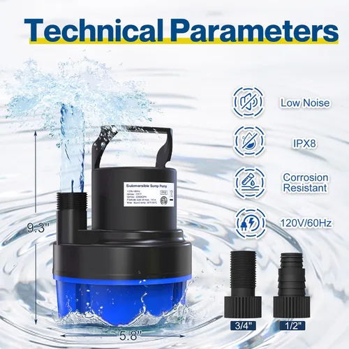 Miniatura 2 de AgiiMan Bomba de agua sumergible de 1/2 HP, bomba de sumidero portátil de 2200 GPH para drenaje de piscina, bomba de cubierta de piscina con cable