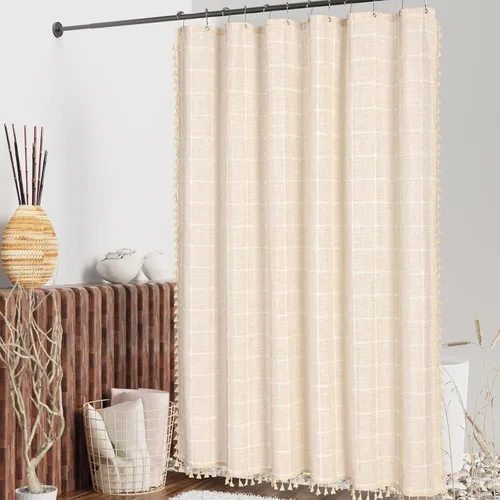Miniatura 2 de MitoVilla - Cortina de regadera boho pequeña, 36 x 72 pulgadas, de poliéster con textura de lino beige, para decoración de baño estilo granja, juego