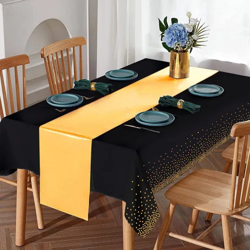 Miniatura 4 de 8 paquetes de manteles de plástico desechables y juego de camino de mesa de satén negro con dorado, mantel de satén dorado para graduación, boda