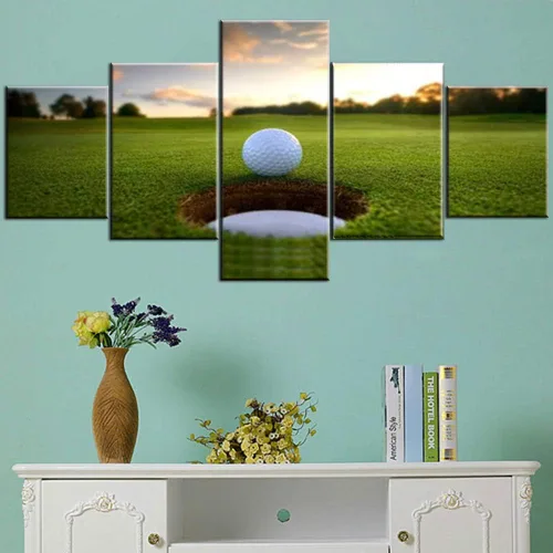 Miniatura 27 de Piezas de golf para decoración de pared, pinturas en blanco y negro, arte de pared para sala de estar, golf, deportes, obras de arte de 5 piezas