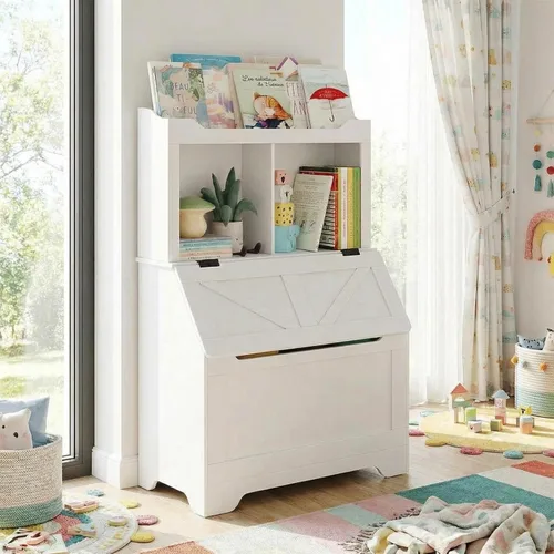GAOMON Estantería para niños, organizador de almacenamiento de juguetes con tapa abatible y cubículo, estanterías de madera para niños aptas para