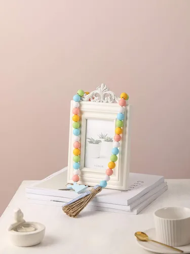 Miniatura 3 de Guirnalda de cuentas de madera de Pascua con borlas y etiqueta de conejo, cuentas de madera de estilo granja para decoraciones de bandeja