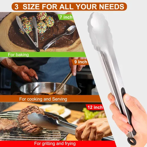 Miniatura 7 de 9 pinzas de cocina de acero inoxidable para asar, pinzas de cocina antideslizantes de metal para cocinar, ensalada y barbacoa, 7, 9 y 12 pulgadas