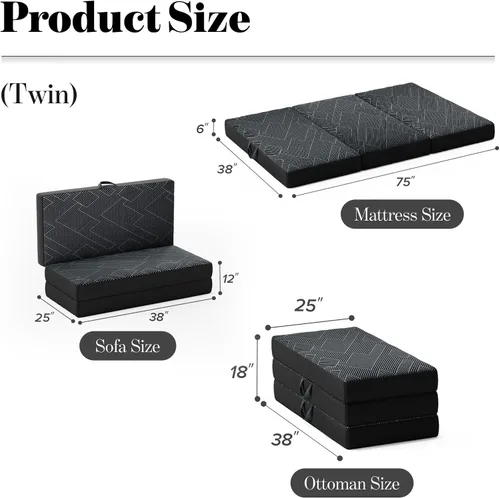 Miniatura 2 de Colchón triple plegable tamaño individual – Colchón plegable de espuma viscoelástica triple con funda lavable, asa y parte inferior antideslizante