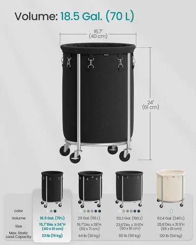 Miniatura 6 de SONGMICS Cesta de lavandería de 18.5 galones (70 L) con ruedas, cesta de lavandería redonda con marco de acero y bolsa extraíble, 2 ruedas de Tinta