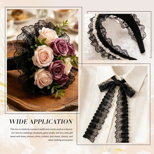 Miniatura 5 de Cinta de encaje, cinta de volantes, cinta de encaje negro de 6 yardas, adornos de cordones negros de 1.8 pulgadas de ancho, cintas delicadas