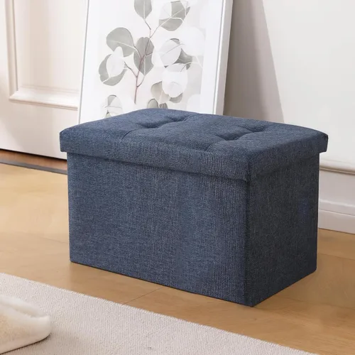 Miniatura 5 de Otomano de Almacenamiento Cúbico Pequeño, Reposapiés Plegable, Asiento Cuadrado, Otomano Acolchado de Lino Beige