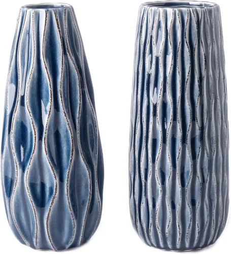 VICTOR & TERESA Jarrón de cerámica para flores, juego de 2 jarrones azules decorativos de 10 pulgadas para decoración del hogar, jarrones de granja