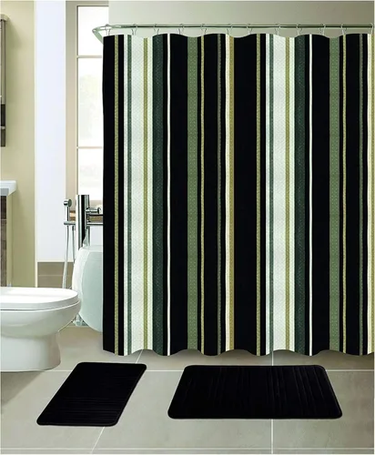 All American Collection - Juego de 15 piezas de tapetes de baño de espuma viscoelástica con cortina de ducha a juego