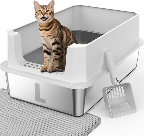 Miniatura 13 de FURTIME Caja de arena de acero inoxidable para gatos con tapa, caja de arena de metal para gatos pequeños, cajas de arena para gatitos con pala