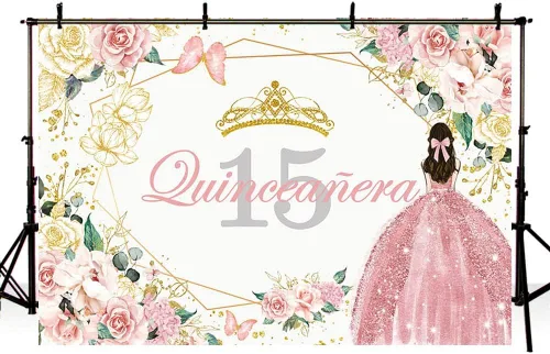 Miniatura 4 de Sendy SENDY - Telón de fondo de quinceañera para cumpleaños de 15 años de 10 x 7 pies para fiesta de Sweet Girl Mis Quince Anos, color rosa dorado
