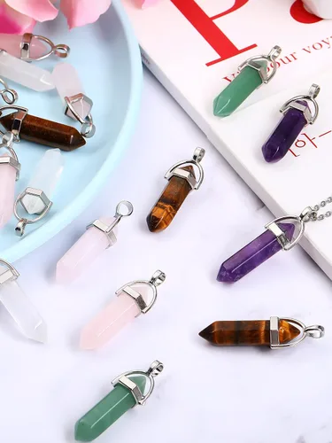 Miniatura 5 de 30 colgantes hexagonales de cristal natural, dije de piedra de cuarzo puntiagudo, en forma de bala, piedras preciosas curativas para hacer collares
