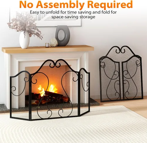 Miniatura 5 de Tangkula Pantalla de chimenea de 3 paneles, cubierta plegable de protección contra chispas con pergamino decorativo, puerta de chimenea