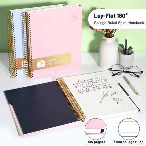 Miniatura 4 de FLYING EAGLE Cuaderno de 3 materias en espiral grande de 8.5 x 11 pulgadas, color rosa para mujeres y hombres, papel grueso de 100 GSM, 104 hojas