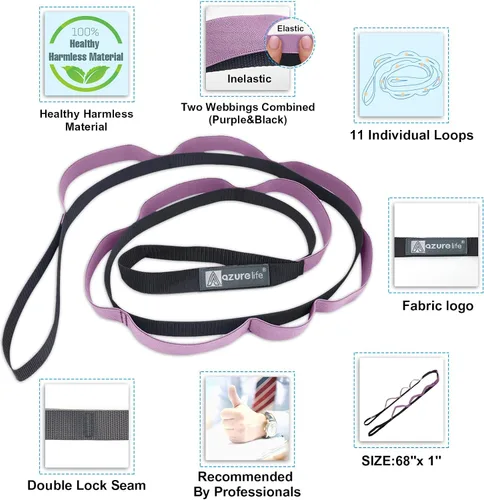 Miniatura 4 de A AZURELIFE Half-Elastic Stretch Straps with 11 Loops, Stretching Strap for Physical Therapy, Multi-Loop Yoga Strap Fitness Exercise Strap for Yoga