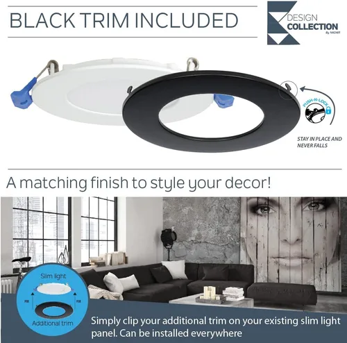 Miniatura 6 de Nadair Paquete de 12 luces LED empotrables ultra delgadas de 4 pulgadas, 9 W, 750 lúmenes, 3000 K (blanco cálido), ribete blanco y negro incluido