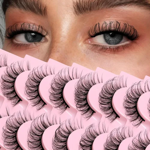 Ahrikiss Pestañas de tira rusa que parecen extensiones de rizo D, pestañas postizas esponjosas, 10 pares de pestañas postizas naturales y finas,
