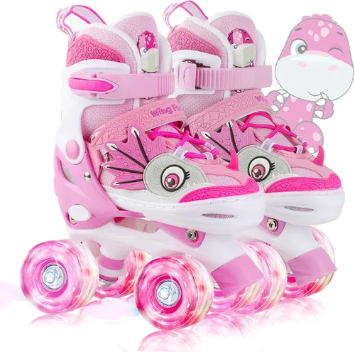 Miniatura 9 de Dino - Patines de ruedas para niños y niñas, WESKIFAN Dinosaur Quad Skating Shoes con ruedas brillantes y tamaños ajustables para principiantes