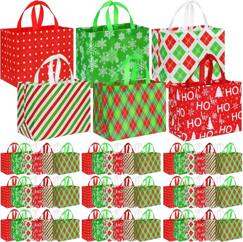 Miniatura 10 de Sanwuta 24 Bolsas de Navidad a Granel para Regalos 12.8 x 9.8 x 6.7 Pulgadas Bolsas Grandes de Transporte para Comestibles con Asas Rojas Verdes a