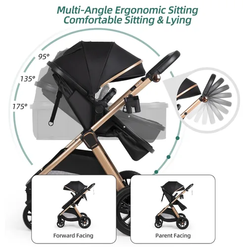 Miniatura 11 de Cochecito de bebé convertible 6 en 1 con moisés con silla de paseo - Silla de recién nacido plegable con saco, cubierta para lluvia, soporte