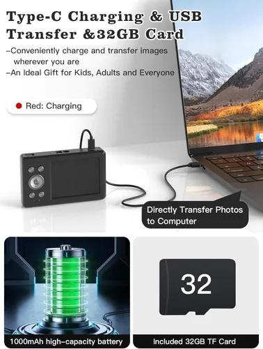 Miniatura 4 de Cámara digital mejorada, 56MP FHD 1080P para niños con zoom 16x anti-sacudida, tarjeta TF de 32GB, dos baterías, cordón, compacta pequeña para niños