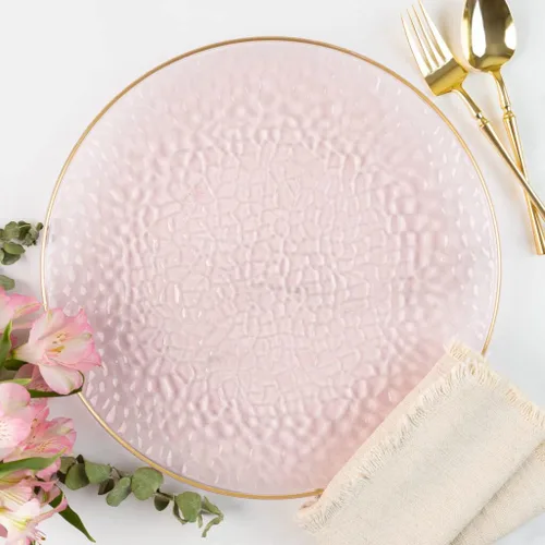 Miniatura 2 de EcoQuality Platos de plástico rosa translúcido martillado de 13 pulgadas con borde dorado – Platos de fiesta similares a China, platos de ensalada