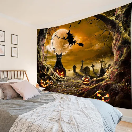 Miniatura 26 de LB Tapiz espeluznante de cementerio de Halloween, lápida aterradora con árboles muertos, tapiz de bosque para colgar en la pared, tapiz de fondo