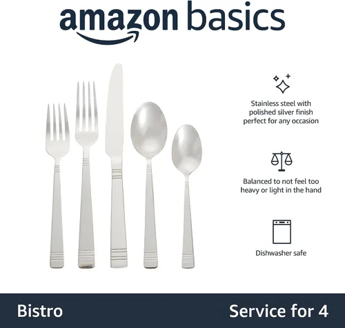 Miniatura 2 de Amazon Basics Juego de cubiertos de acero inoxidable de 20 piezas, servicio para 4, color plateado