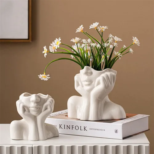 Miniatura 4 de Jarrón de Cara de Cerámica, Jarrones de Flores Blancas para Decoración Forma Femenina Cabeza Jarrón de Medio Cuerpo Boho Único Decorativo Estilo A