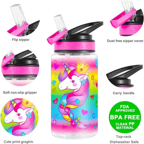 Miniatura 3 de Botella de agua de 15 onzas para niños, niñas, niños, escuela, sin BPA, a prueba de fugas, popote abatible, lazo de transporte, fácil de limpiar