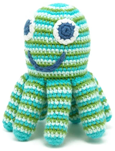 Miniatura 2 de Pebble Sonajero de bebé de pulpo hecho a mano, rayas verdes, océano, playa, costero, juguete de ganchillo para bebé, comercio justo, lavable a