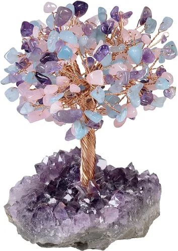 Miniatura 9 de rockcloud Árbol de dinero con piedra de cristal de cuarzo rosa natural con base de racimo de cristal de cuarzo amatista, árbol bonsái, Feng Shui