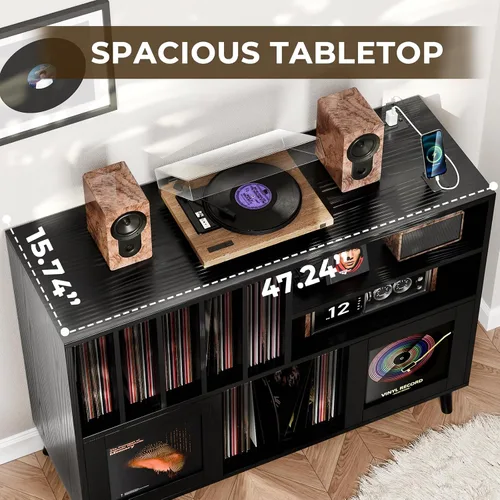 Miniatura 7 de Soporte XL para tocadiscos con puertas corredizas, gabinete de almacenamiento de discos de vinilo con estación de carga y puertos USB, mesa moderna