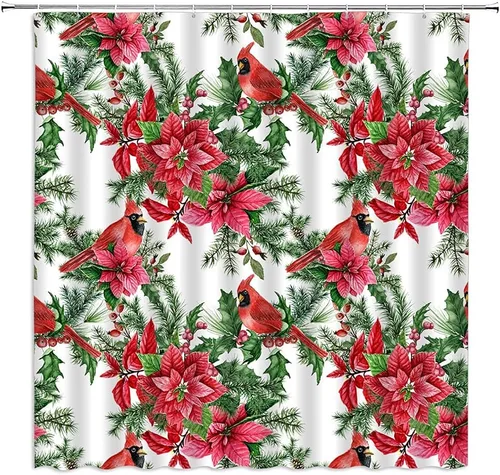 Miniatura 10 de Cortina de ducha pequeña, diseño de pájaro rojo de Navidad, ramas de pino, copo de nieve, vacaciones de invierno, festival de Navidad, azul