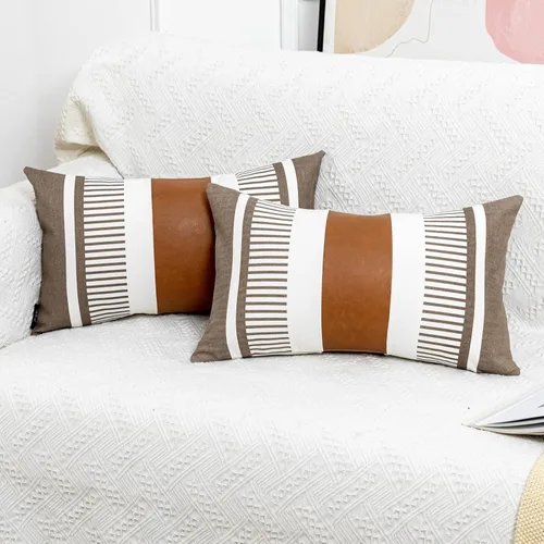 Miniatura 37 de Funda de almohada bohemia de color blanco y negro con piel, funda de cojín moderna de 22 x 22 pulgadas, funda de almohada de rayas estilo campestre