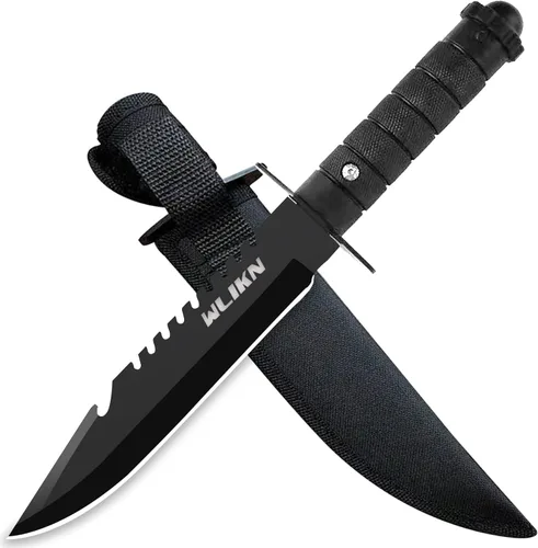 Cuchillo de hoja fija Wlikn con vaina, cuchillo Bowie de supervivencia de 5 pulgadas con hoja de filo único fuerte y mango antideslizante, para