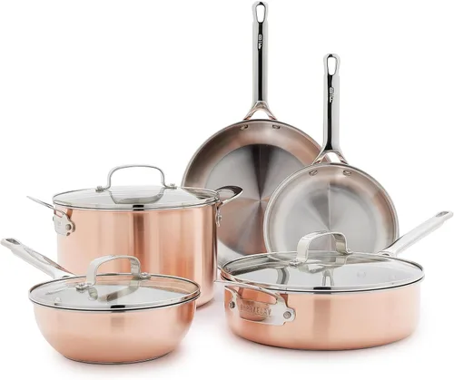 GreenPan x Bobby Flay 8 piezas de ollas y sartenes recubiertas de cobre, juego de ollas de inducción, marcas de medición, base y interior de acero