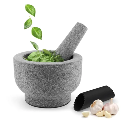 Flexzion Juego de mortero y mortero de granito, cuenco de molcajete de 2 tazas, cuenco triturador de hierbas tailandesas con pelador de ajo y