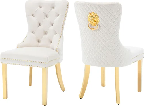 Civama Juego de 2 sillas de comedor, elegantes sillas de comedor de terciopelo capitonado de lujo con patas doradas y adornos de clavos, tirador de
