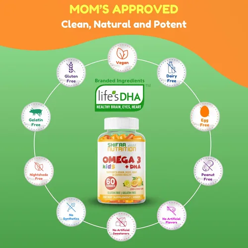 Miniatura 4 de SHIFAA NUTRITION Halal Omega 3 para niños con gomitas DHA para el desarrollo cerebral, apoyo cardíaco e inmunológico, a base de plantas, sin OMG