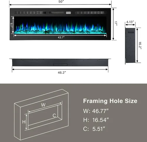 Miniatura 5 de Chimenea eléctrica de 50 pulgadas, chimenea silenciosa montada en la pared, chimenea LED para sala de estar, chimenea eléctrica empotrada, chimenea
