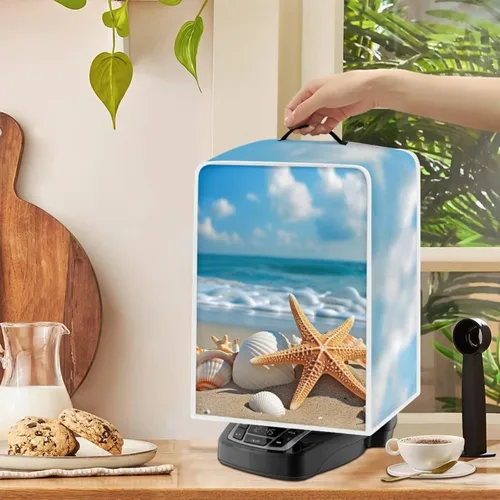 Miniatura 4 de DISNIMO Cubierta para cafetera de concha de mar con estrella de mar de playa, poliéster antihuellas dactilares, a prueba de polvo, resistente a