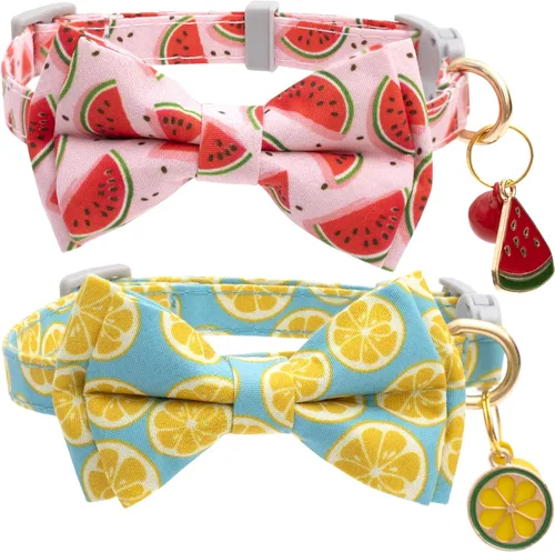 Faygarsle Paquete de 2 collares de gato lindos con campana de moño separable para gatos machos y hembras, patrón de sandía, limón y rosa de lujo,