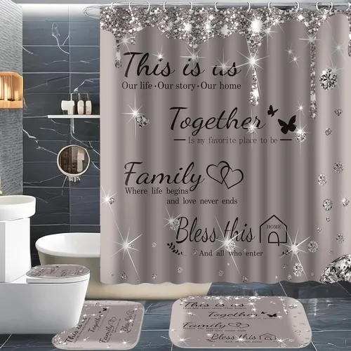 Miniatura 8 de Juego de 4 piezas de cortinas de ducha familiares con alfombras antideslizantes, cubierta para tapa de inodoro y tapete de baño, conjunto negro