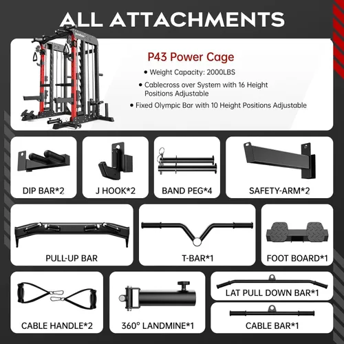 Miniatura 4 de pooboo Multi-Functional Machine Power Cage, 2000LB Squat Rack, LAT-Pull Down System, Dual Pulley Cable Crossover System, Home Gym Workout Machine